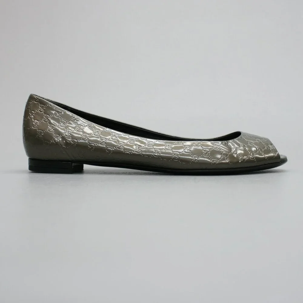 Gucci 37.5 Ladies 7.5 Microguccissima Metal Bronze/Gray GG Flats Peep-toe Shoes - Picture 4 of 12